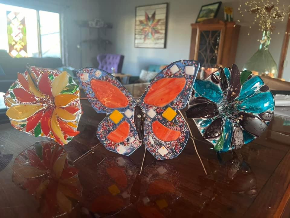 Fused Glass Flower and Butterfly Garden Stakes by Sandra Steinweg Johnson